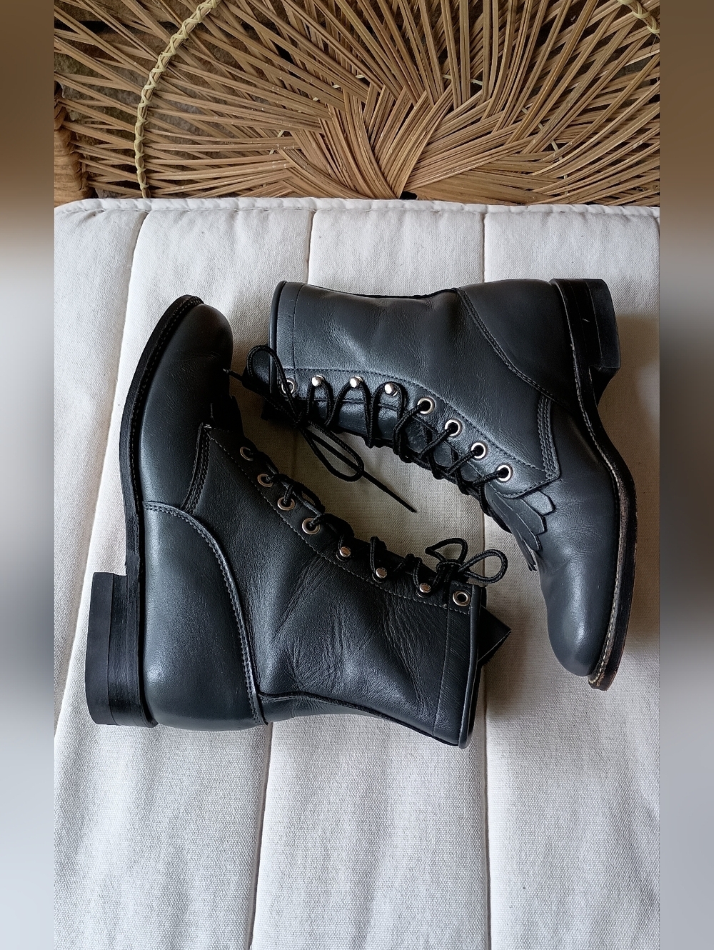 Justin Roper Boots Black Leather Lace-Up Ankle Booties with Fringe Kiltie_5.5